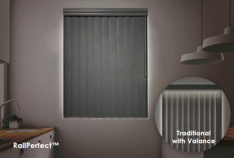 Compare our vertical blinds with RailPerfect to a traditional headrail with a valance.