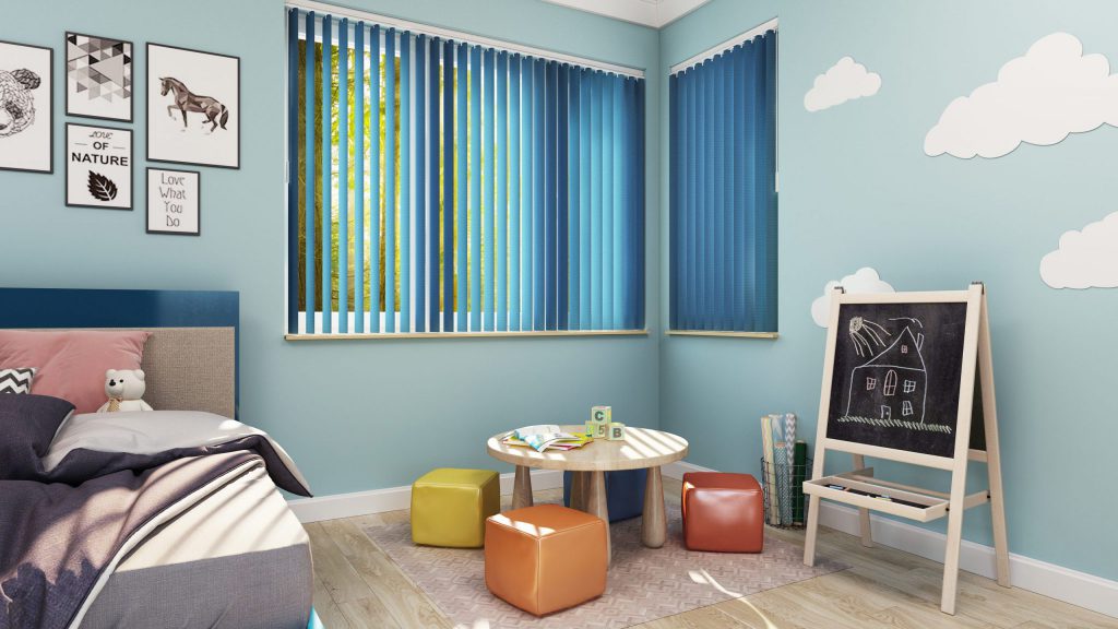 Vertical Blinds in Dusty Blue, cordless and perfect for a Child's Room